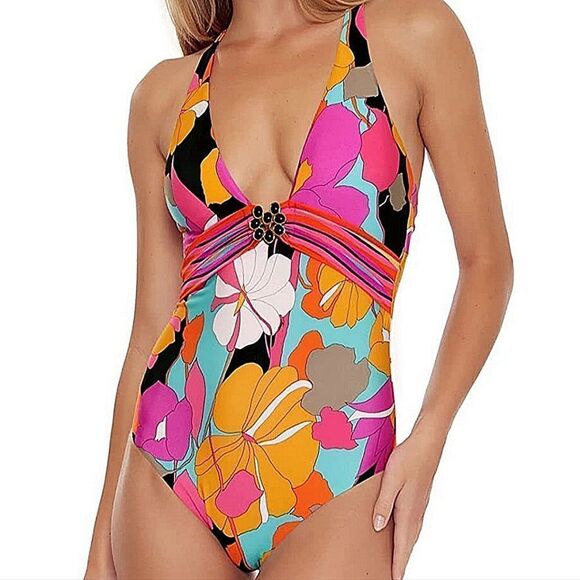 Trina Turk Multicolor Gemini Medallion One Piece Plunge Maillot Swimsuit Size 14 - Picture 1 of 16